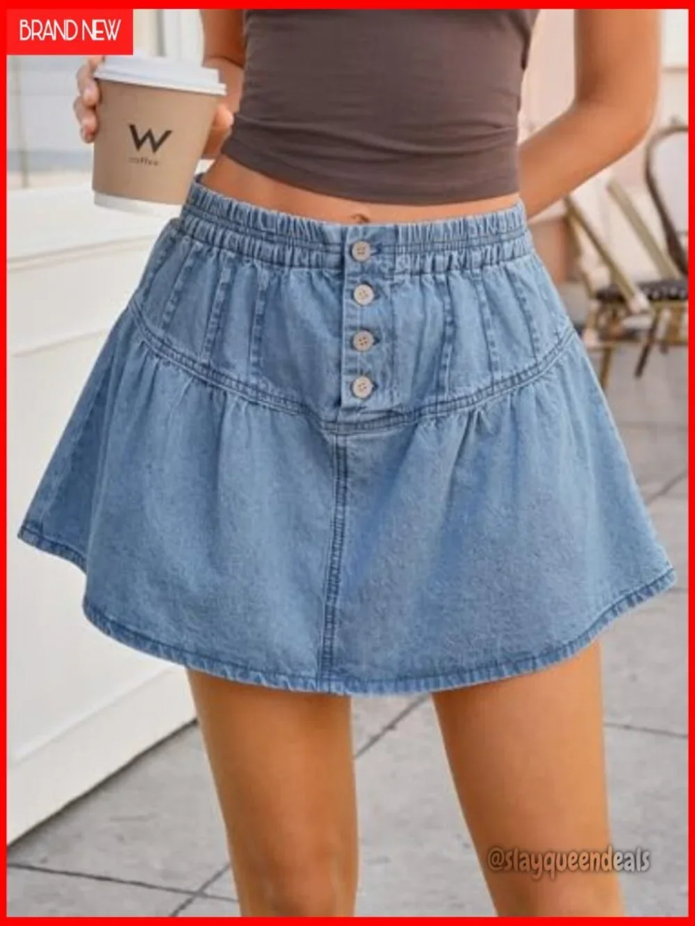 High Waisted Pleated Denim Mini Skirt with Built-In Shorts A-Line